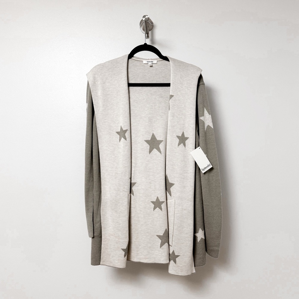 NWT Splendid Sydney Star Print Reversible Open‎ Front Hooded Cardigan Green XS